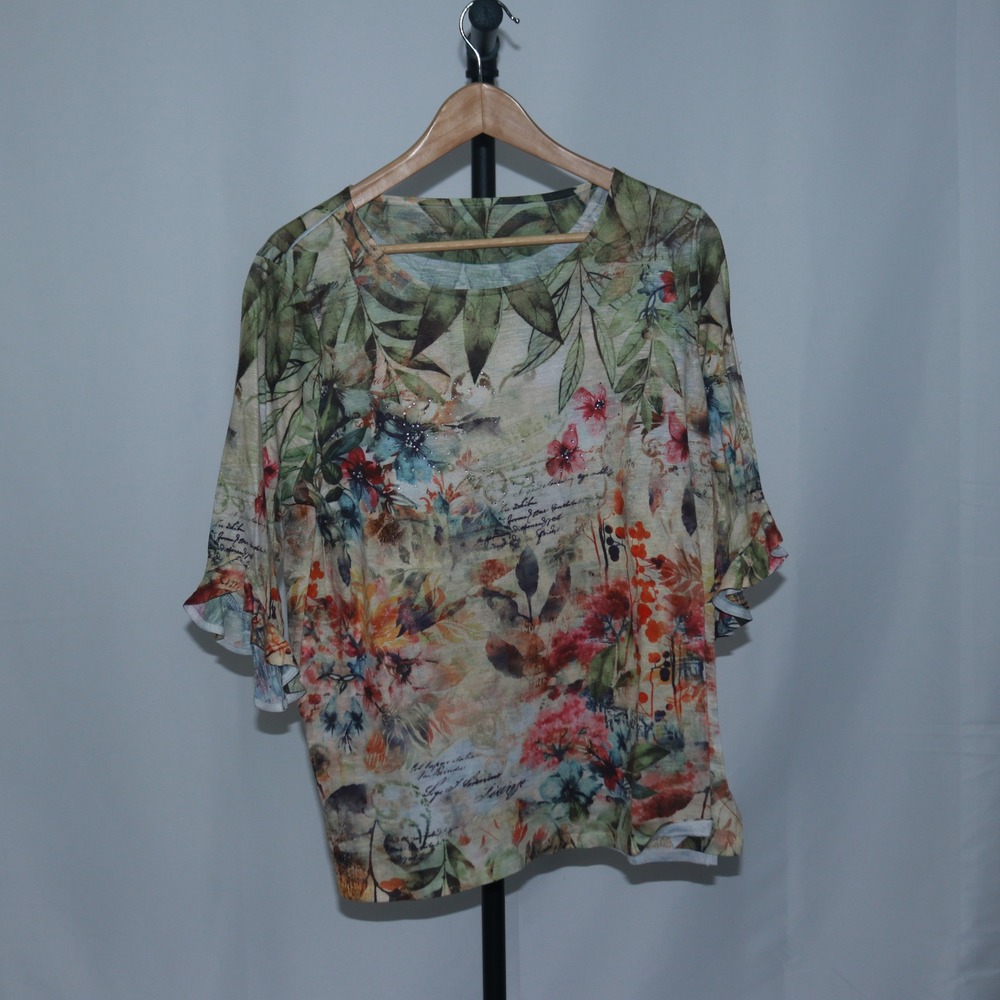 Womens Floral Boho Blouse Beige Red Green Rhinestone Embellishments Size L